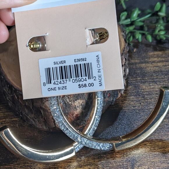 NWT Rebecca Minkoff Glitter Front Large Hoop Earrings Silver Women's Size OS - Picture 7 of 8
